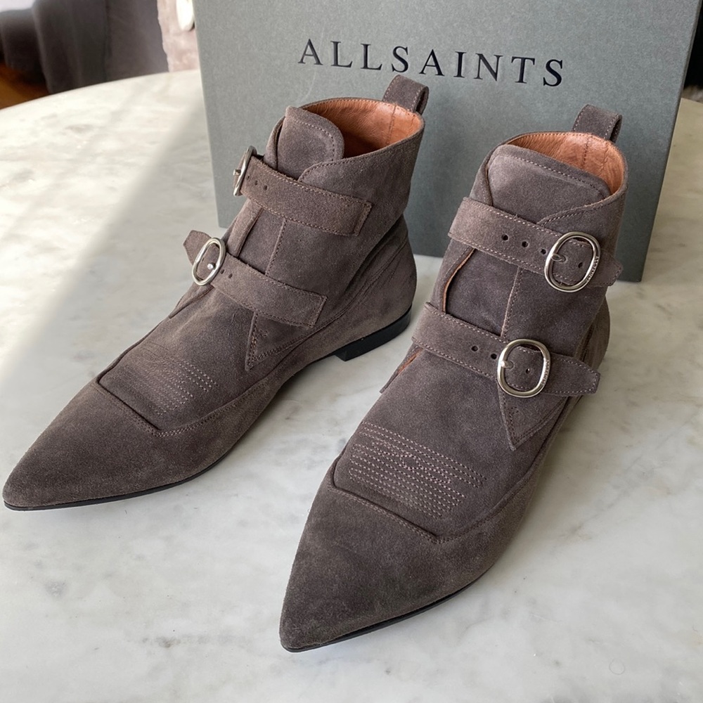 All Saints taupe suede boots